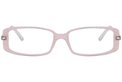 versace rectangle pink eyeglasses frame viewed from front angle.