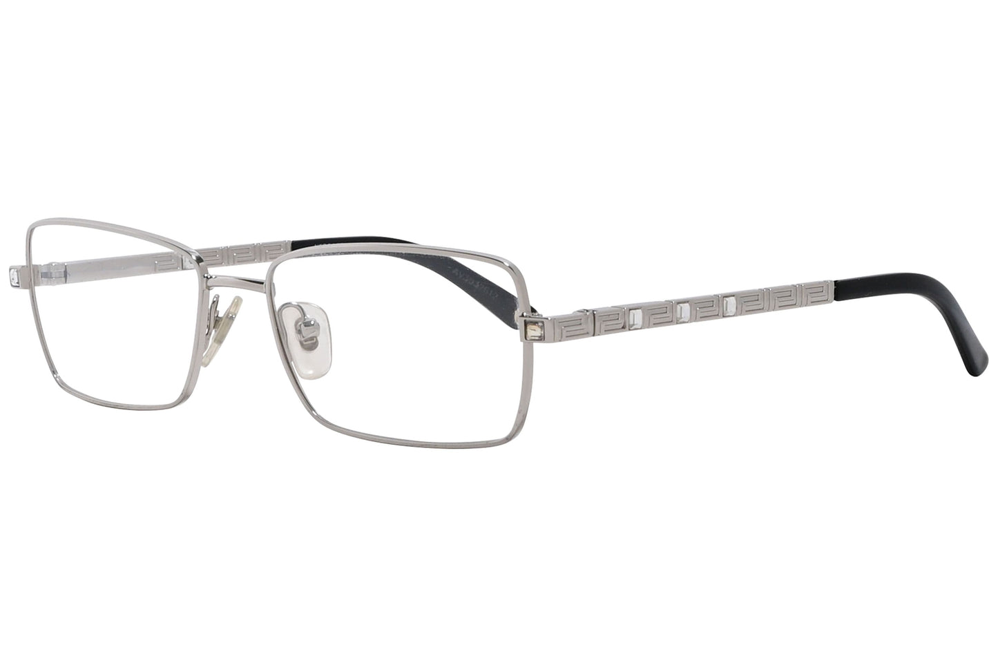 versace rectangle silver eyeglasses frame viewed from a 45-degree angle.