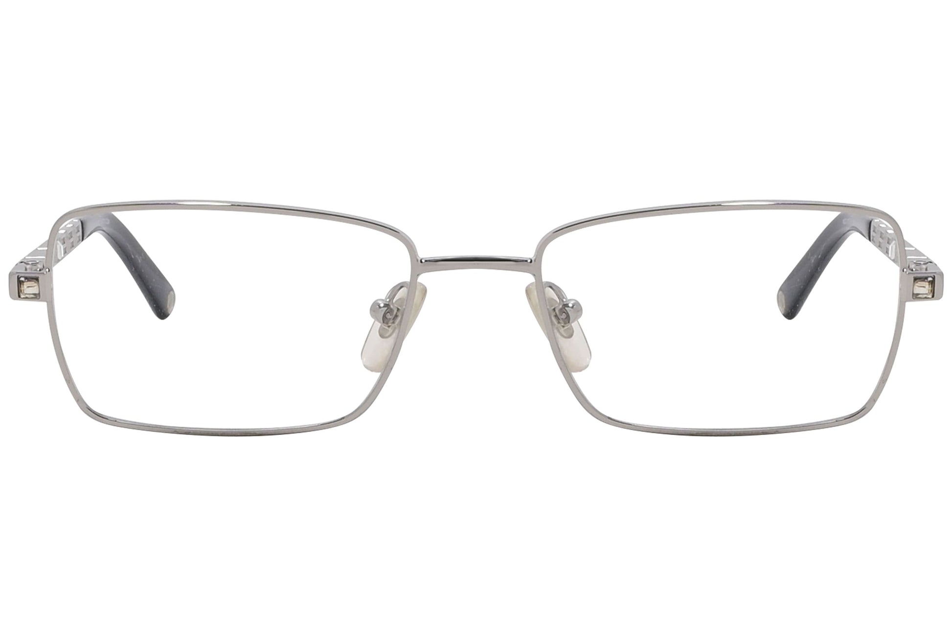 versace rectangle silver eyeglasses frame viewed from front angle.