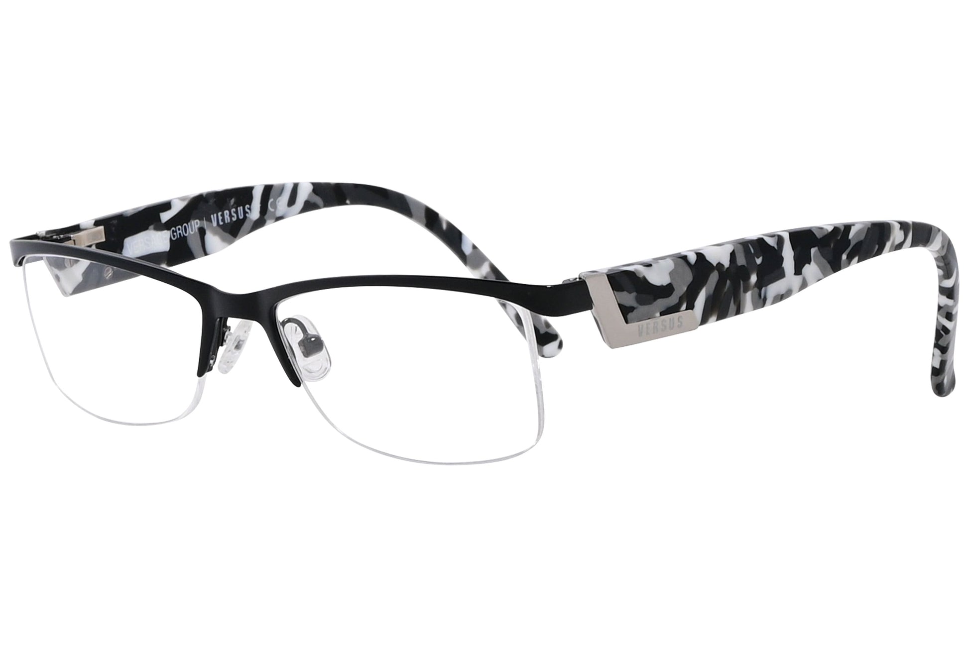 versus browline black eyeglasses frame viewed from a 45-degree angle.