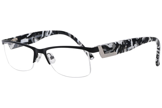 versus browline black eyeglasses frame viewed from a 45-degree angle.