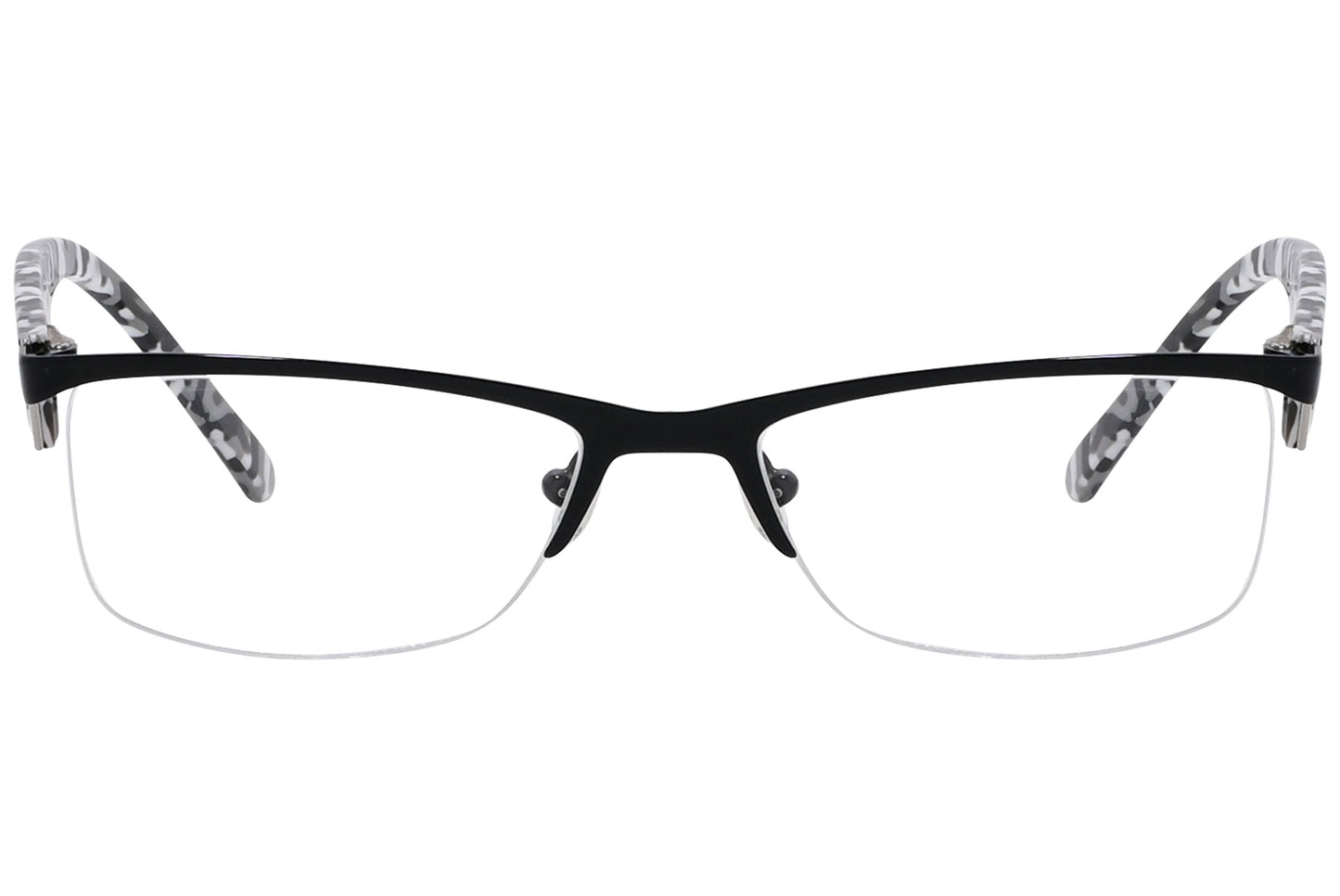 versus browline black eyeglasses frame viewed from front angle.