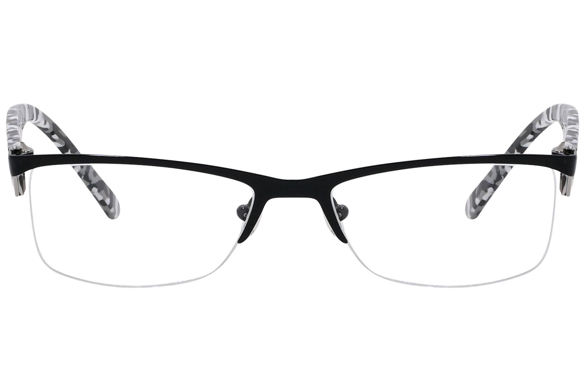 versus browline black eyeglasses frame viewed from front angle.