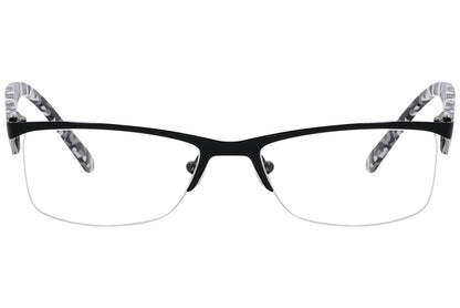 versus browline black eyeglasses frame viewed from front angle.