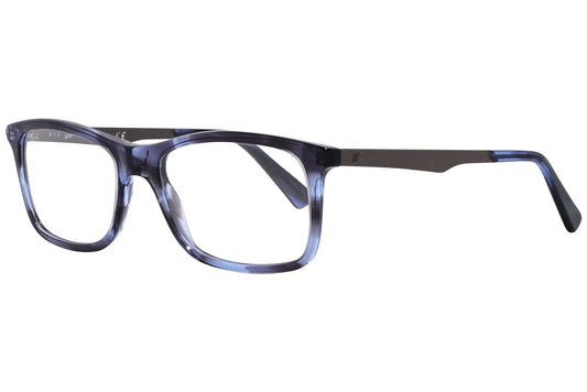 web wayfarer blue eyeglasses frame viewed from a 45-degree angle.