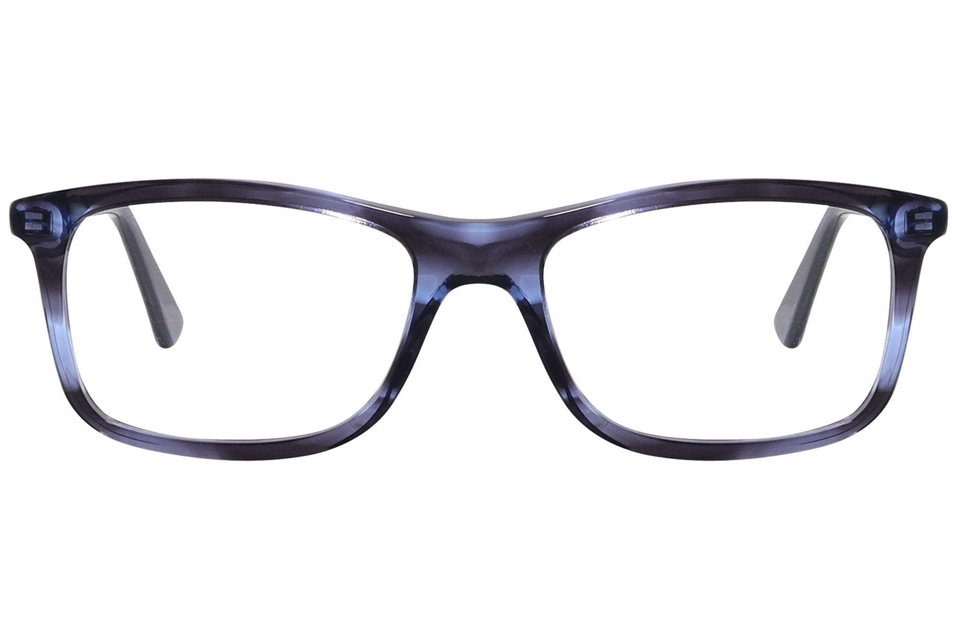 web wayfarer blue eyeglasses frame viewed from front angle.