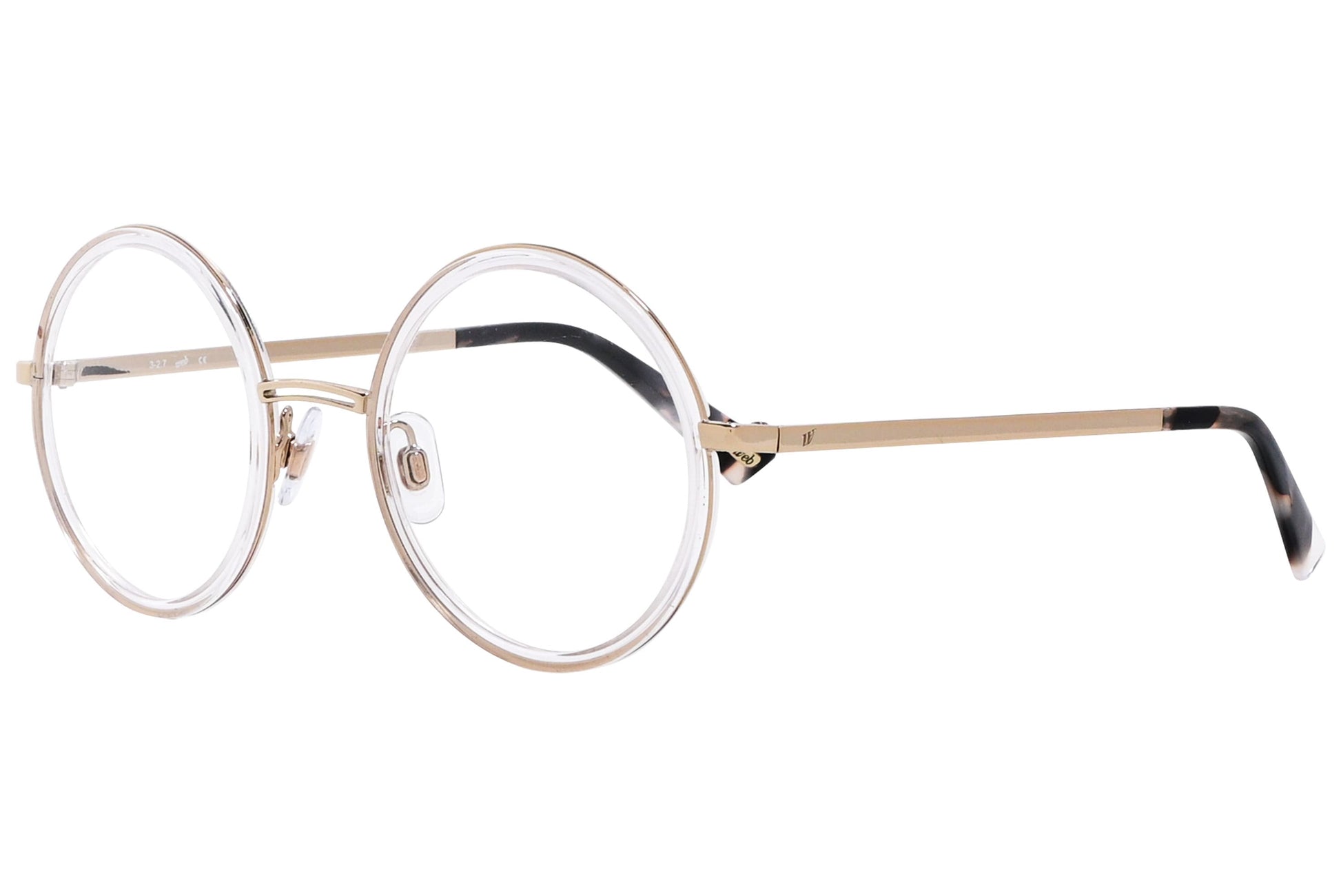 web round gold eyeglasses frame viewed from a 45-degree angle.