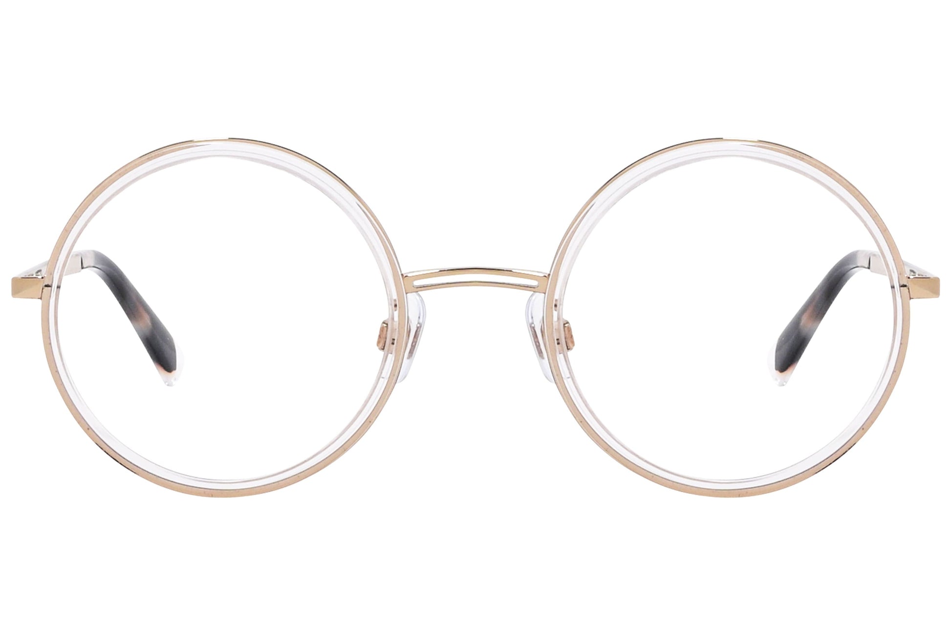 web round gold eyeglasses frame viewed from front angle.