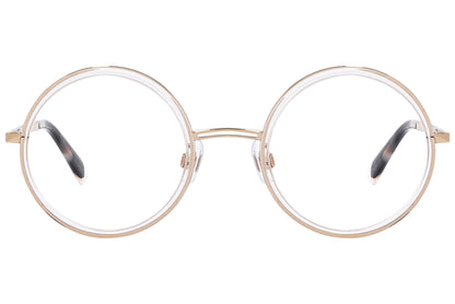 web round gold eyeglasses frame viewed from front angle.