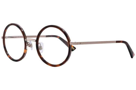 web round tortoise eyeglasses frame viewed from a 45-degree angle.