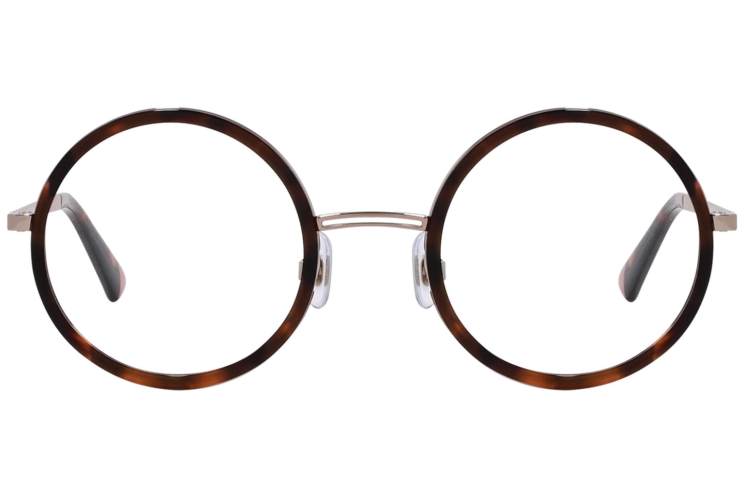 web round tortoise eyeglasses frame viewed from front angle.