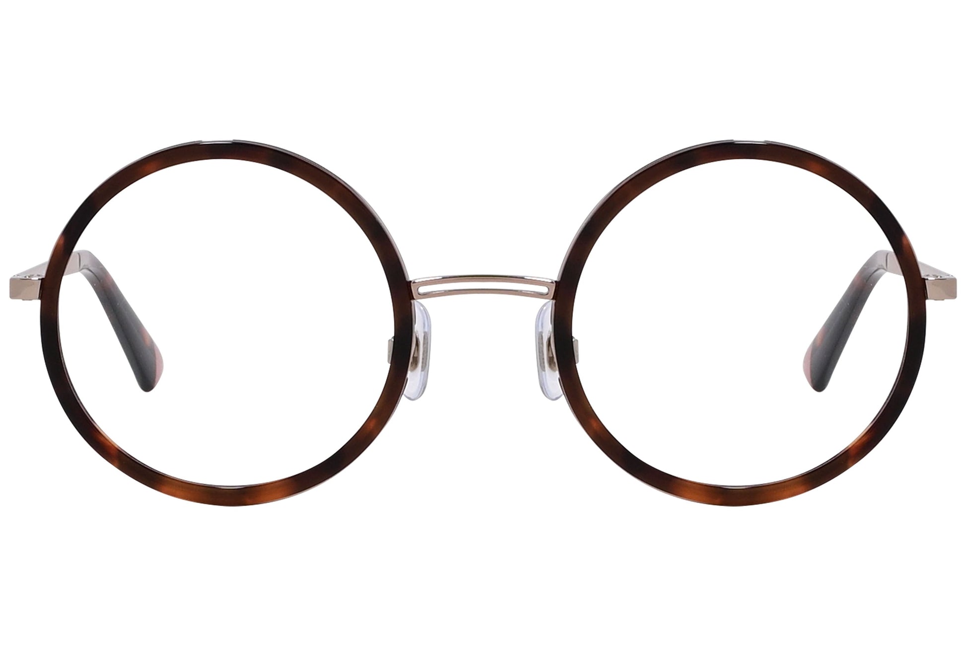 web round tortoise eyeglasses frame viewed from front angle.