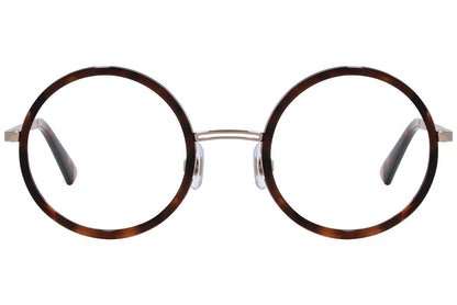 web round tortoise eyeglasses frame viewed from front angle.