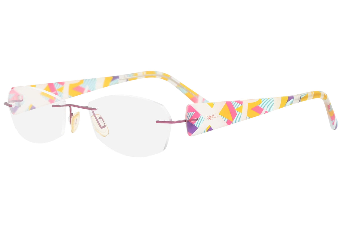 xenith rimless multicolored eyeglasses frame viewed from a 45-degree angle.