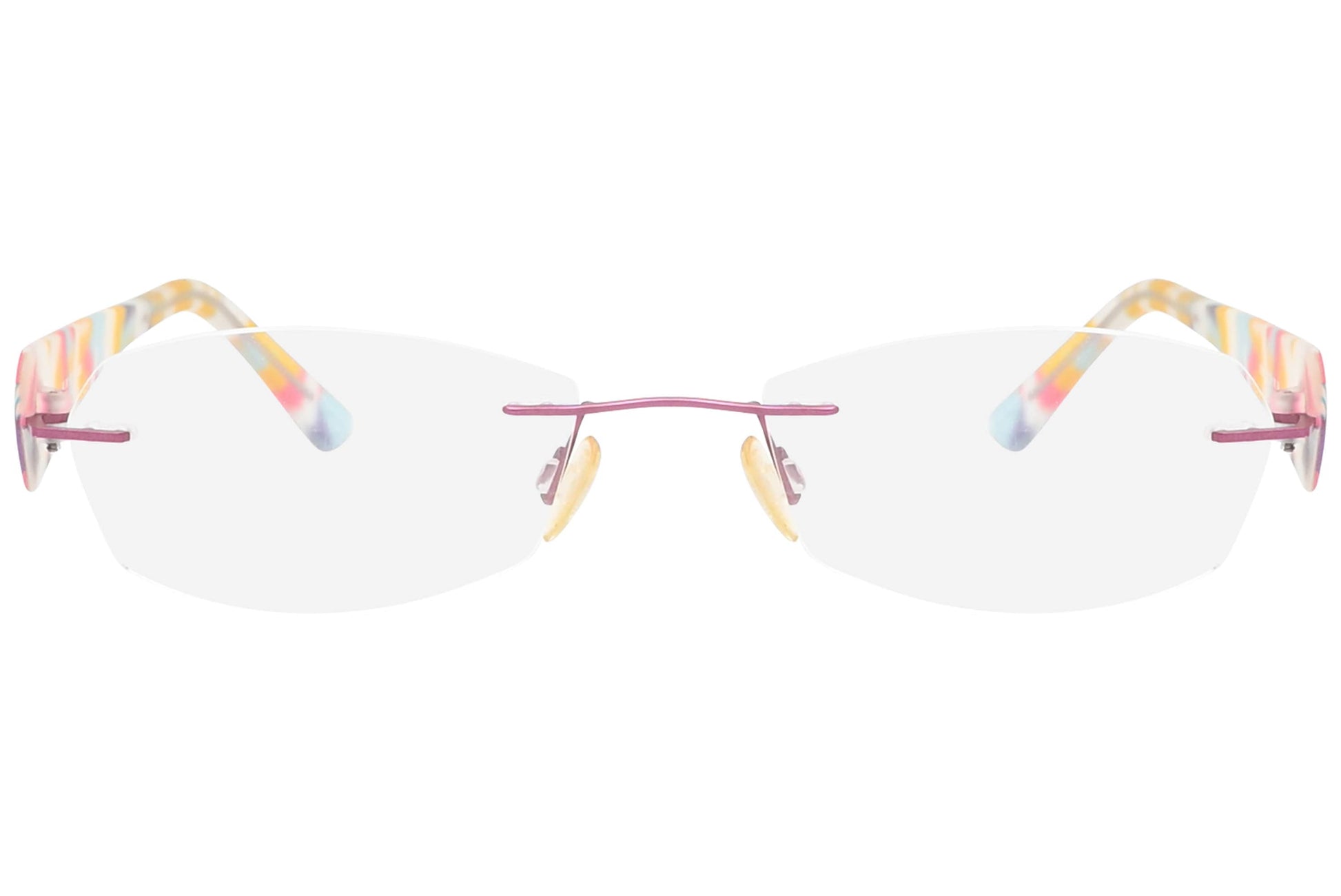 xenith rimless multicolored eyeglasses frame viewed from front view.