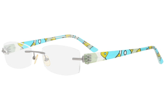 xenith rimless multicolored eyeglasses frame viewed from a 45-degree angle.