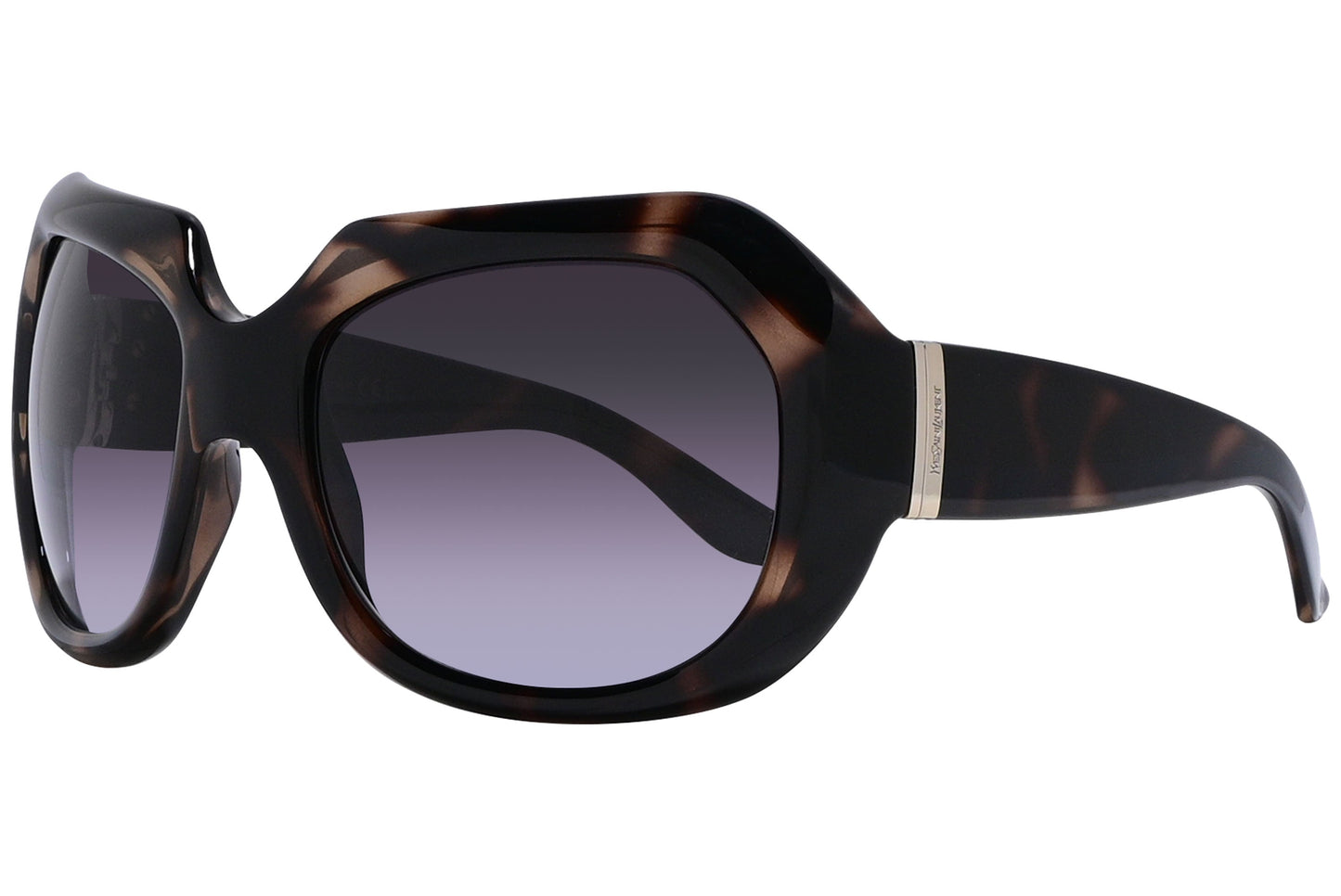 Yves Saint Laurent Tortoise Color Geometric Sunglasses Viewed From A 45-Degree Angle.