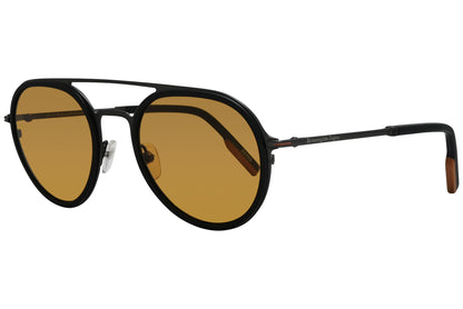 A pair of black aviator sunglasses with bronze tinted lenses.