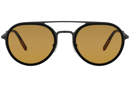 A pair of black aviator sunglasses with bronze tinted lenses.