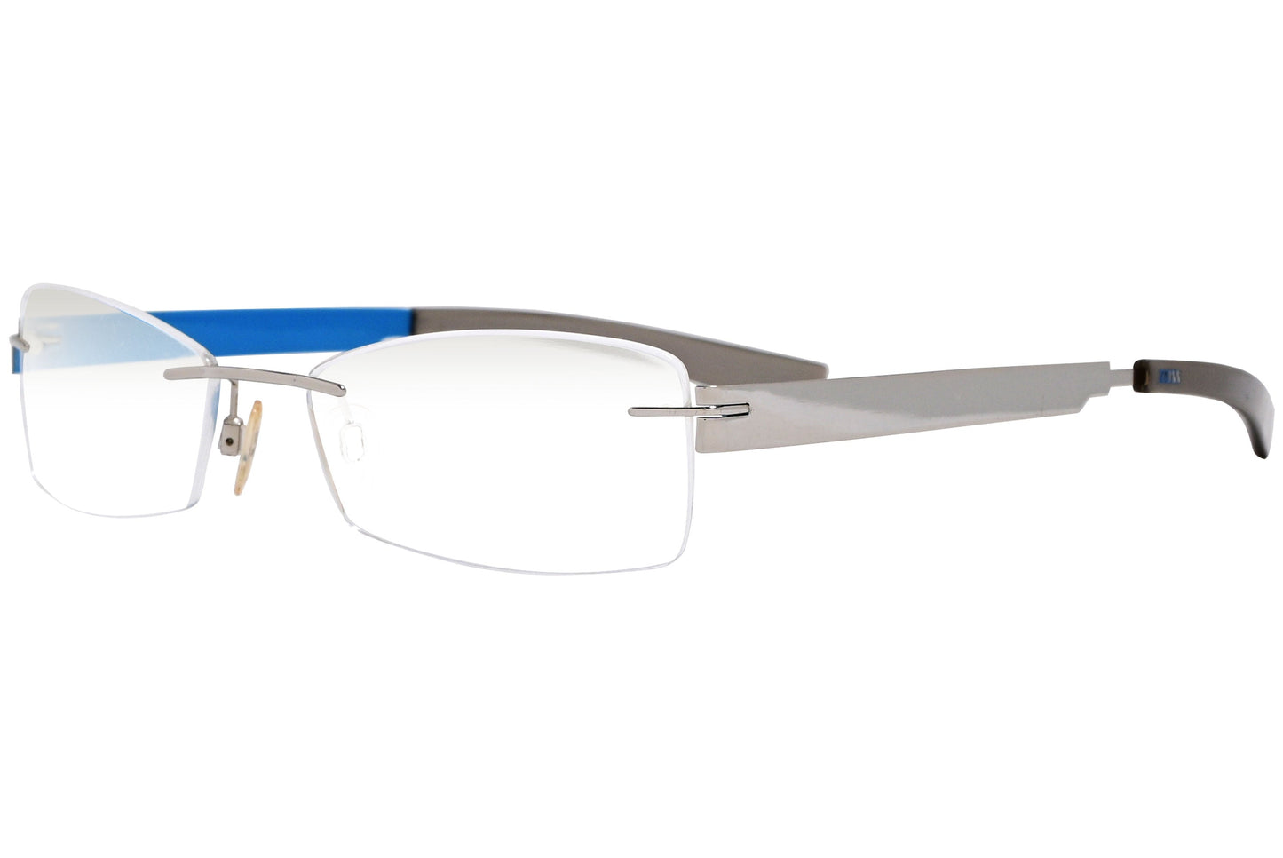 zeiss rimless silver, blue eyeglasses frame viewed from a 45-degree angle.