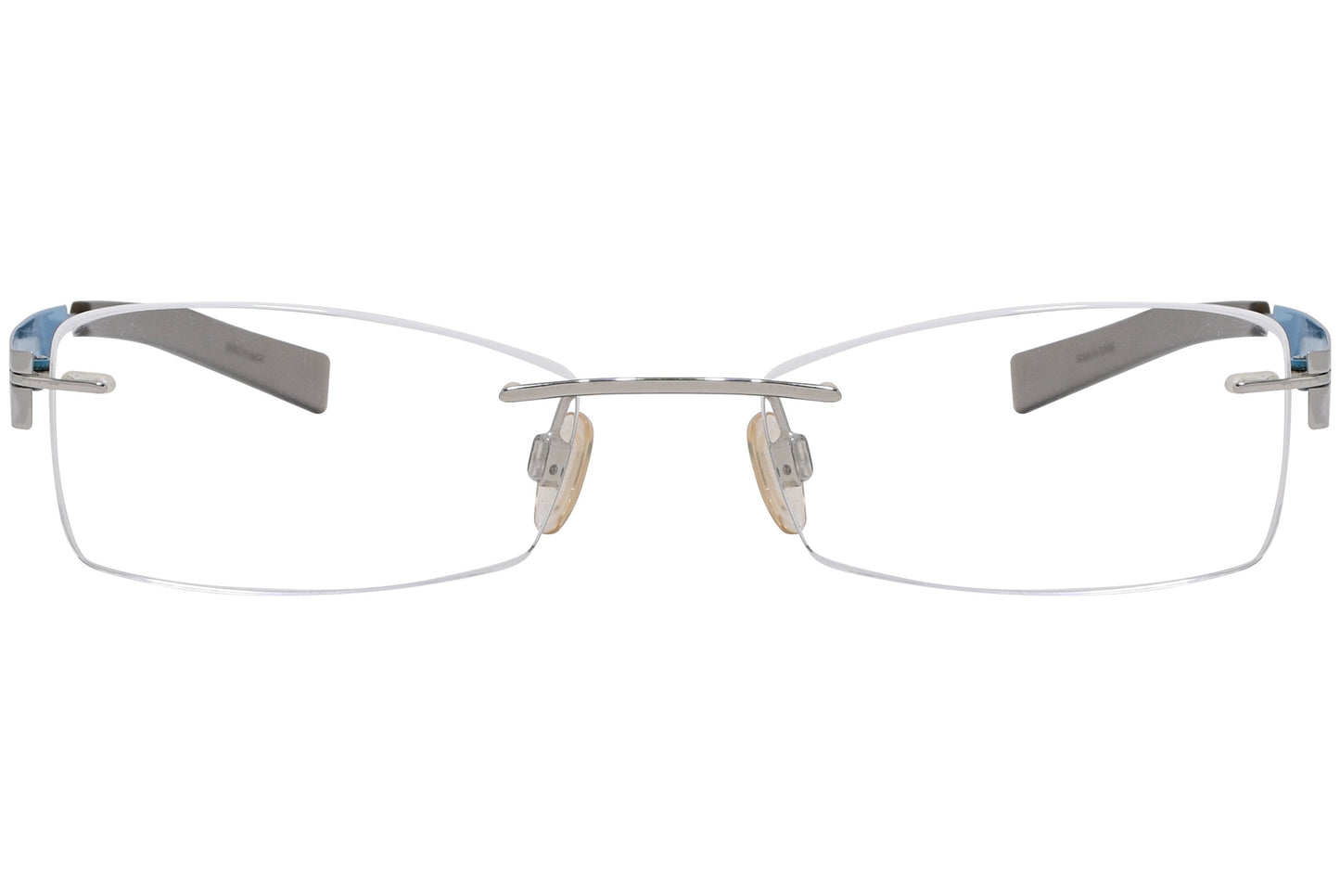 zeiss rimless silver, blue eyeglasses frame viewed from front angle.