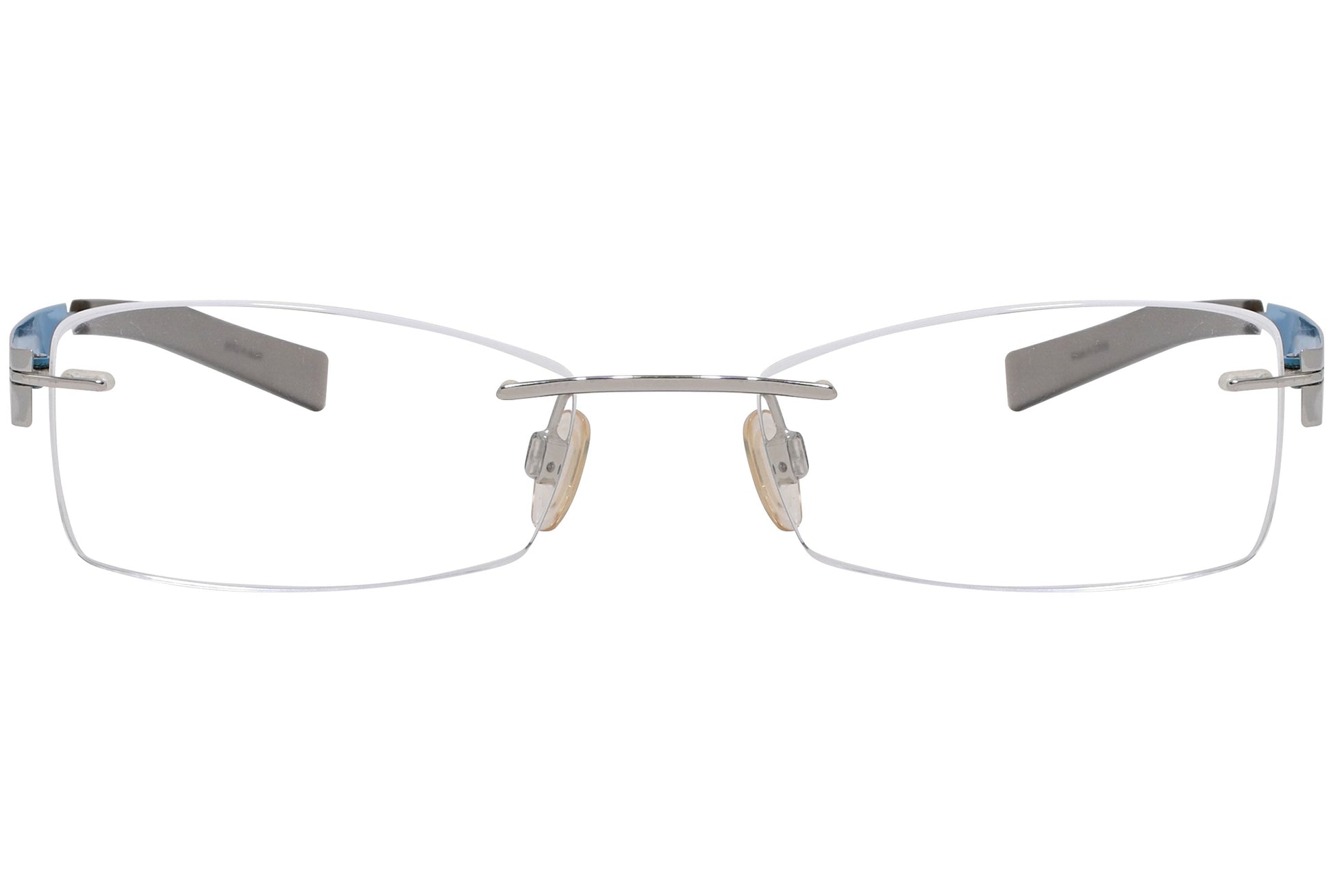 zeiss rimless silver, blue eyeglasses frame viewed from front angle.