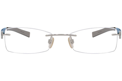 zeiss rimless silver, blue eyeglasses frame viewed from front angle.