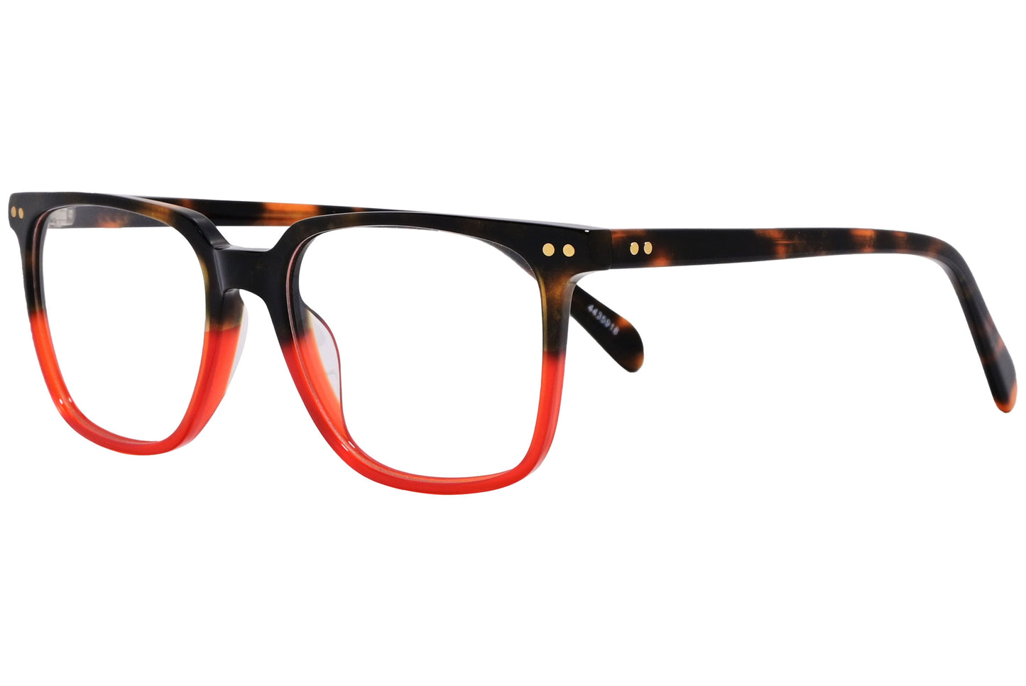 rectangle tortoise and orange eyeglasses frame viewed from a 45-degree angle.