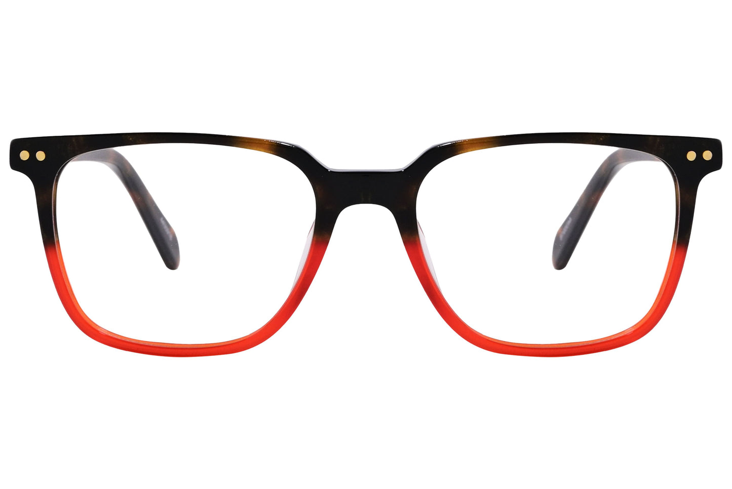 rectangle tortoise and orange eyeglasses frame viewed from front angle.