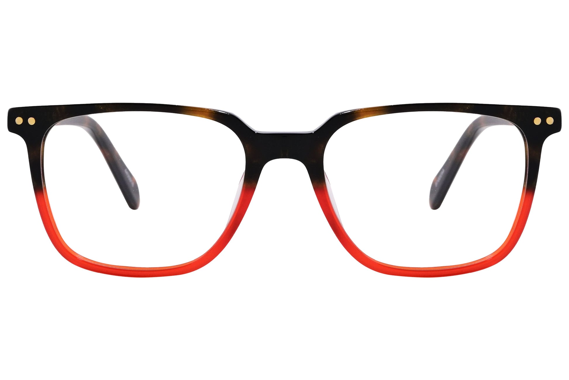 rectangle tortoise and orange eyeglasses frame viewed from front angle.